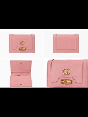 Gucci Pink Leather Mini Wallet with Gold GG and Bamboo Accent